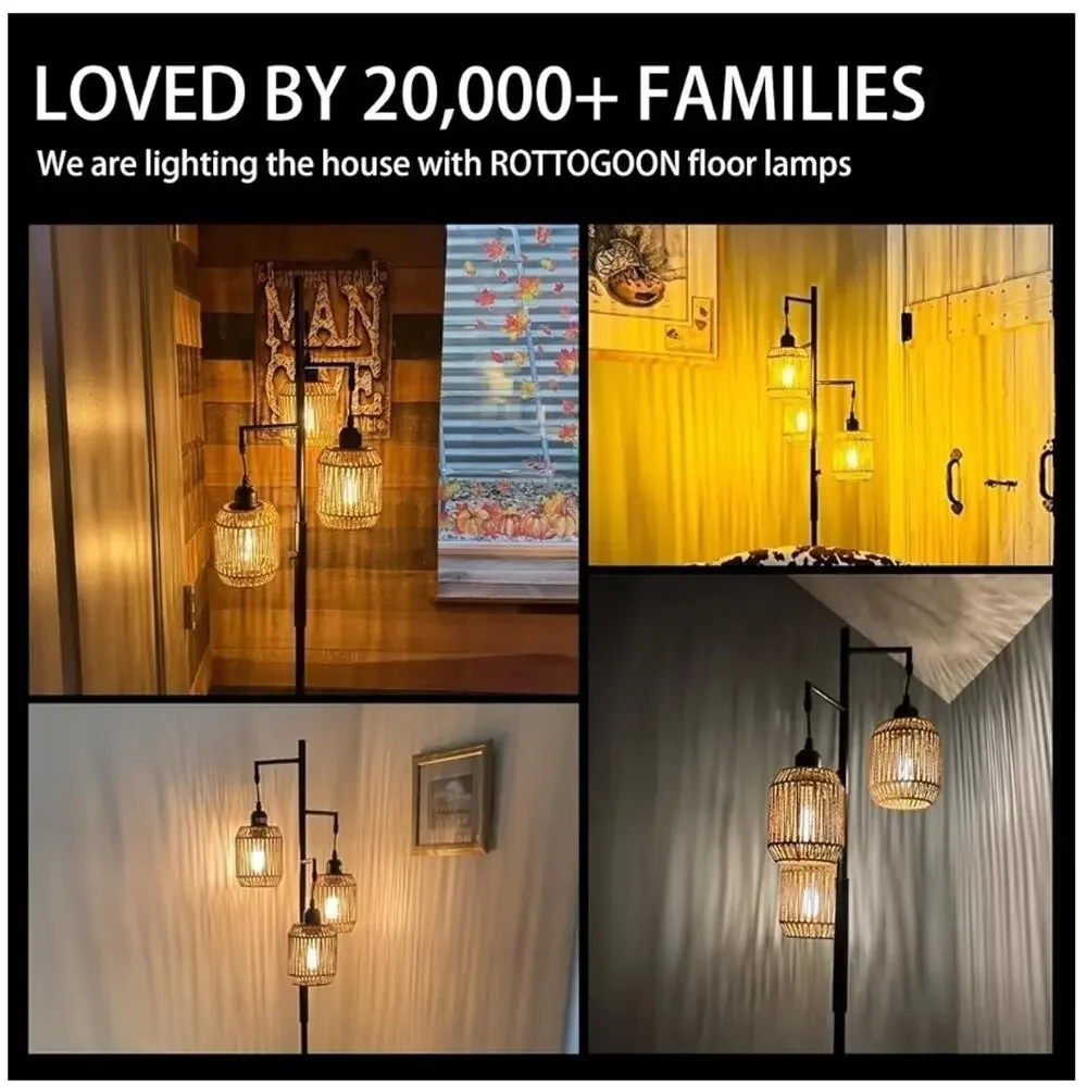 ROTTOGOON 68” Dimmable 3-Light Rattan Floor Lamp Boho Farmhouse Tree Lamp Black